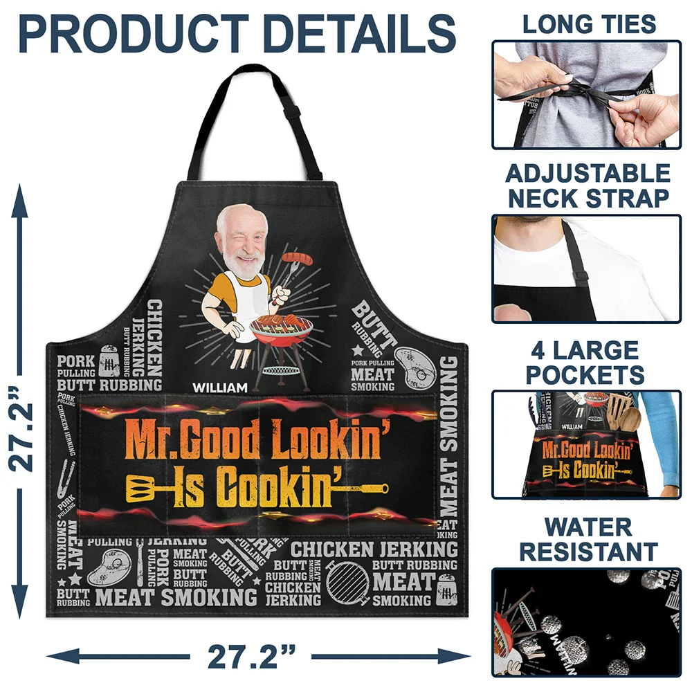 Custom Photo Mr. Good Looking Is Cooking Meat Smocking Grilling - Personalized Apron - Image 6
