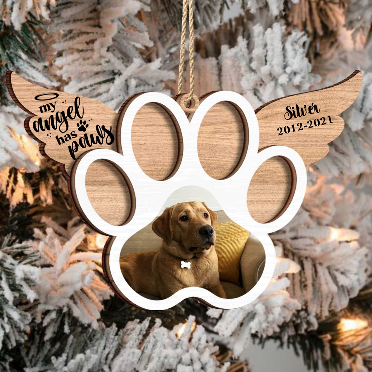 Custom Photo My Angel Has Paws Dog Cat - Pet Memorial Gift, Christmas Gift - Personalized Custom 2-Layered Wooden Ornament - Image 3