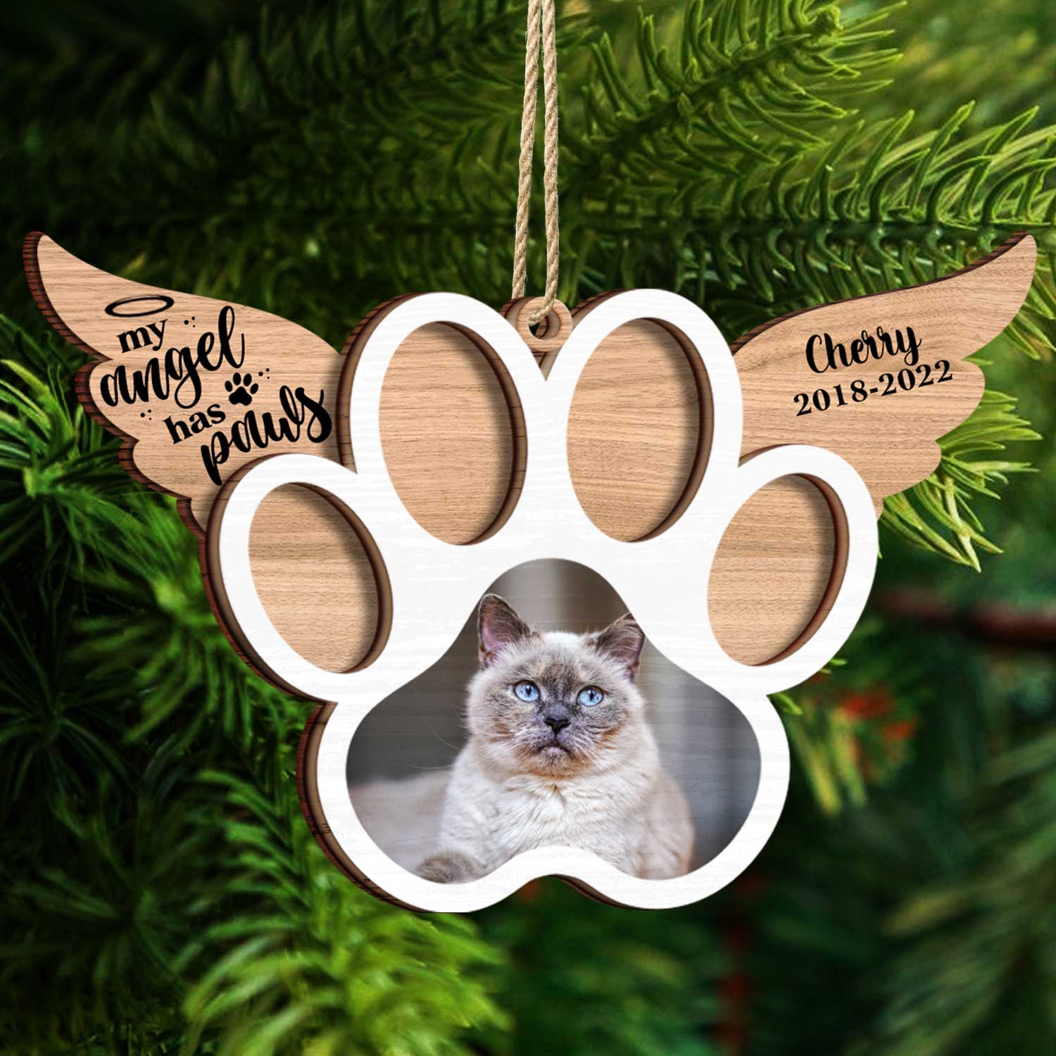 Custom Photo My Angel Has Paws Dog Cat - Pet Memorial Gift, Christmas Gift - Personalized Custom 2-Layered Wooden Ornament - Image 4