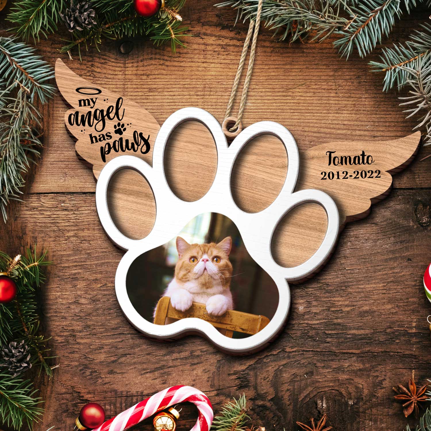 Custom Photo My Angel Has Paws Dog Cat - Pet Memorial Gift, Christmas Gift - Personalized Custom 2-Layered Wooden Ornament - Image 5