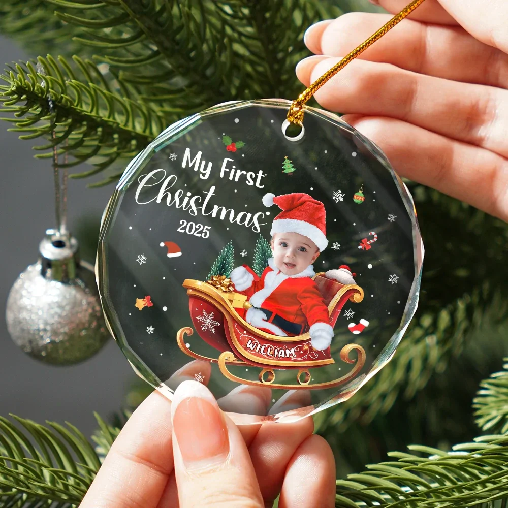Custom Photo My First Christmas - Personalized Circle Glass Ornament - Image 3