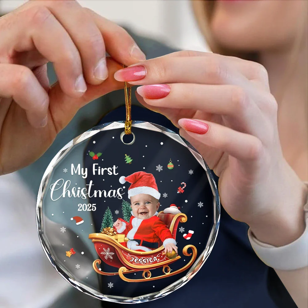 Custom Photo My First Christmas - Personalized Circle Glass Ornament - Image 5