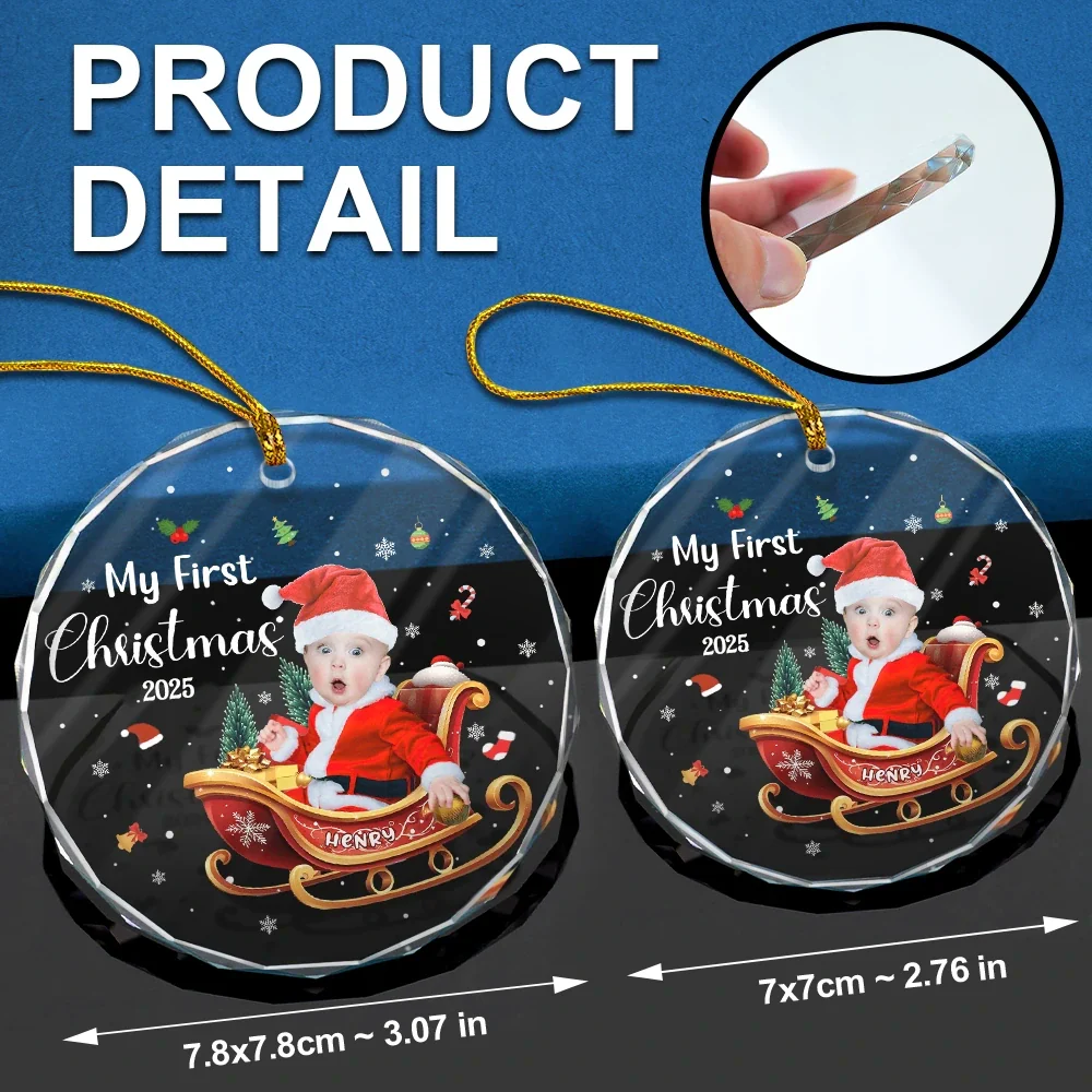 Custom Photo My First Christmas - Personalized Circle Glass Ornament - Image 7