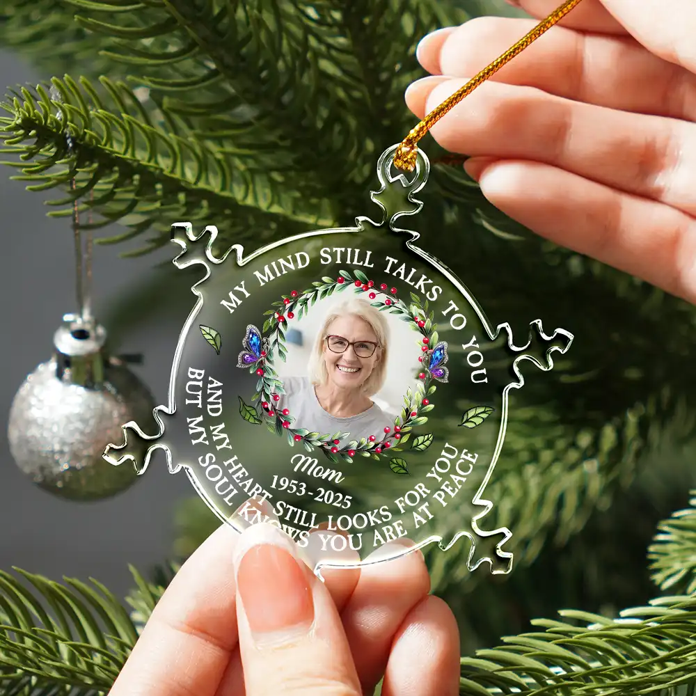 Custom Photo My Mind Still Talks To You Memorial - Personalized Snowflakes Shaped Glass Ornament - Image 2