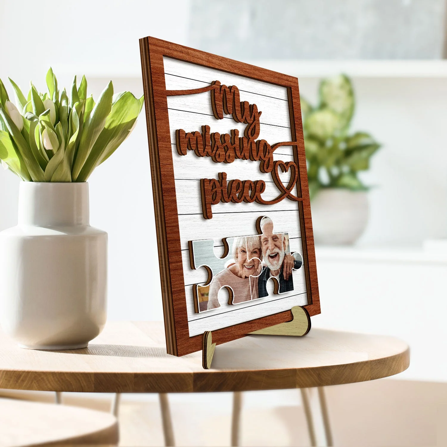 Custom Photo My Missing Piece - Gift For Old Couples, Husband, Wife - Personalized 2-Layered Wooden Plaque With Stand - Image 3