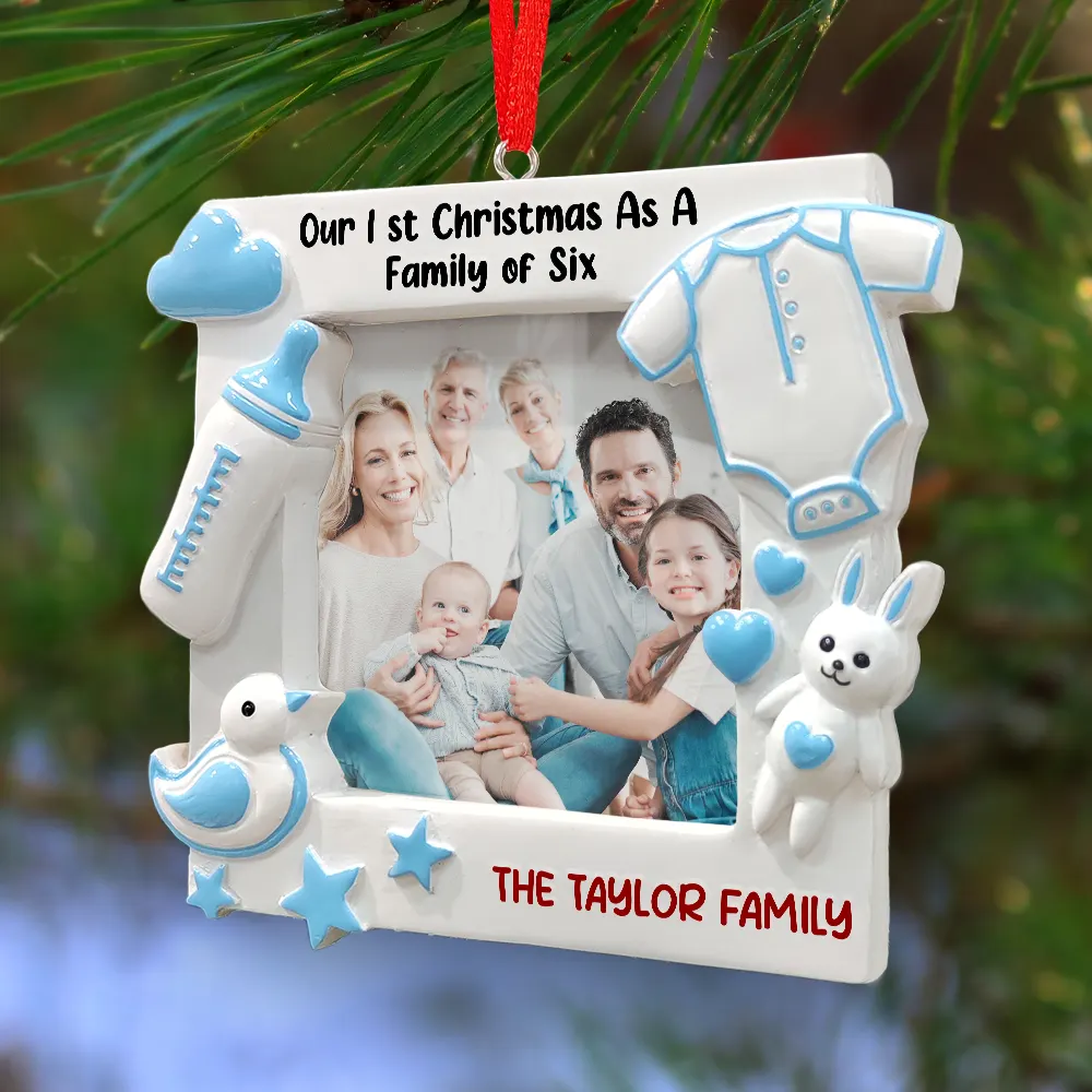 Custom Photo New Baby First Christmas As A Family Of Four - Personalized Embossed Ceramic Ornament - Image 3
