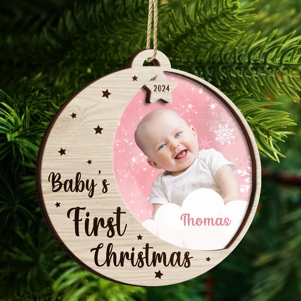 Custom Photo New Baby's First Christmas - Personalized 2-Layered Wooden Ornament - Image 4