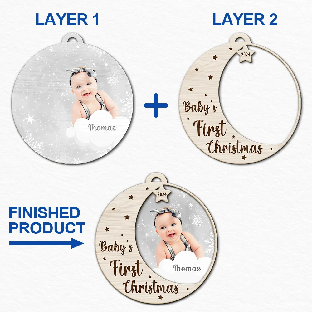 Custom Photo New Baby's First Christmas - Personalized 2-Layered Wooden Ornament - Image 6