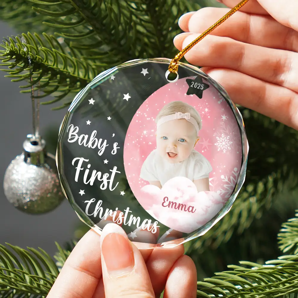 Custom Photo New Baby's First Christmas - Personalized Circle Glass Ornament - Image 3