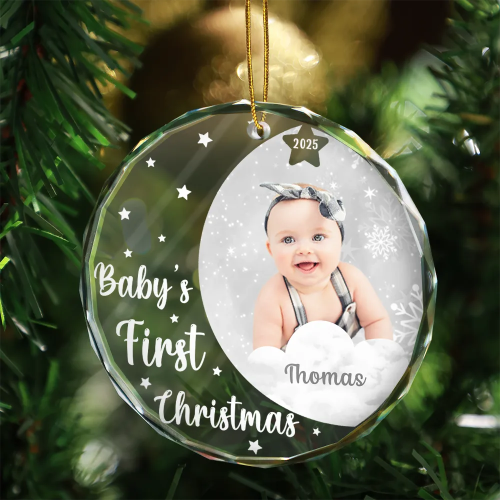 Custom Photo New Baby's First Christmas - Personalized Circle Glass Ornament - Image 4