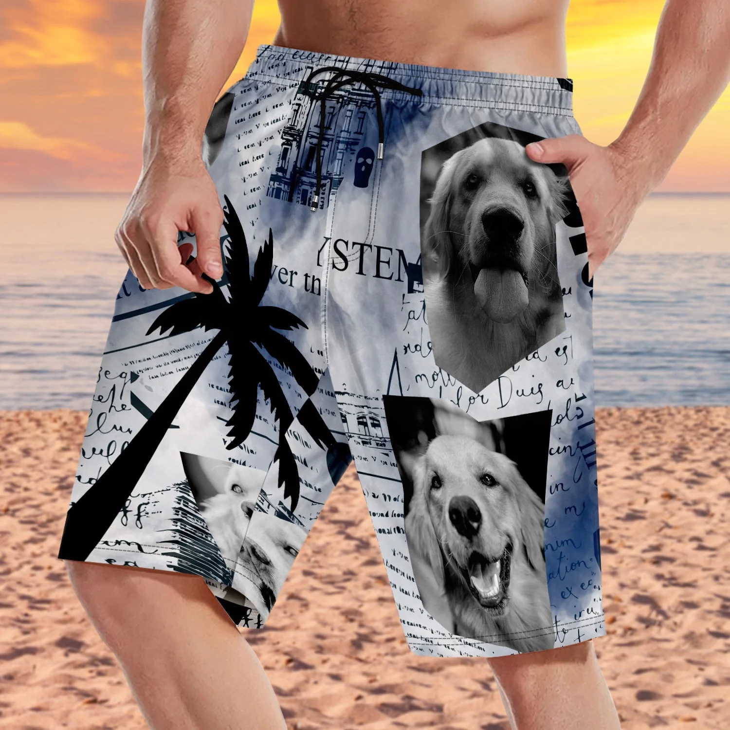 Custom Photo Newspaper Funny Family Pet Face - Gift For Men, Dog And Cat Lovers - Personalized Unisex Beach Shorts - Image 3
