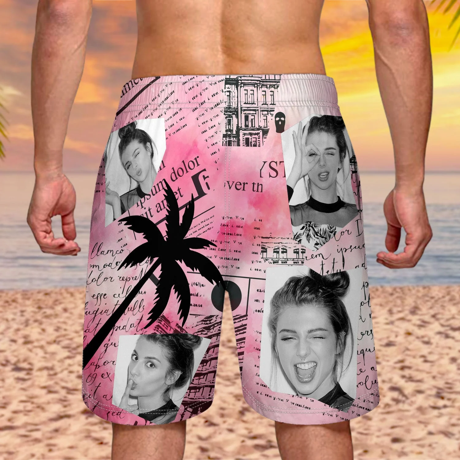 Custom Photo Newspaper Funny Family Pet Face - Gift For Men, Dog And Cat Lovers - Personalized Unisex Beach Shorts - Image 4