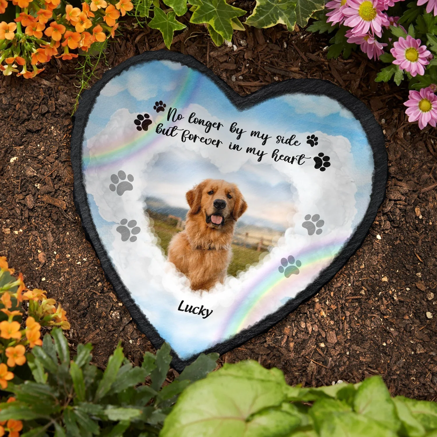 Custom Photo No Longer By My Side Forever In Our Heart - Dog Cat Pet Memorial Gift - Personalized Heart Memorial Garden Stone - Image 3