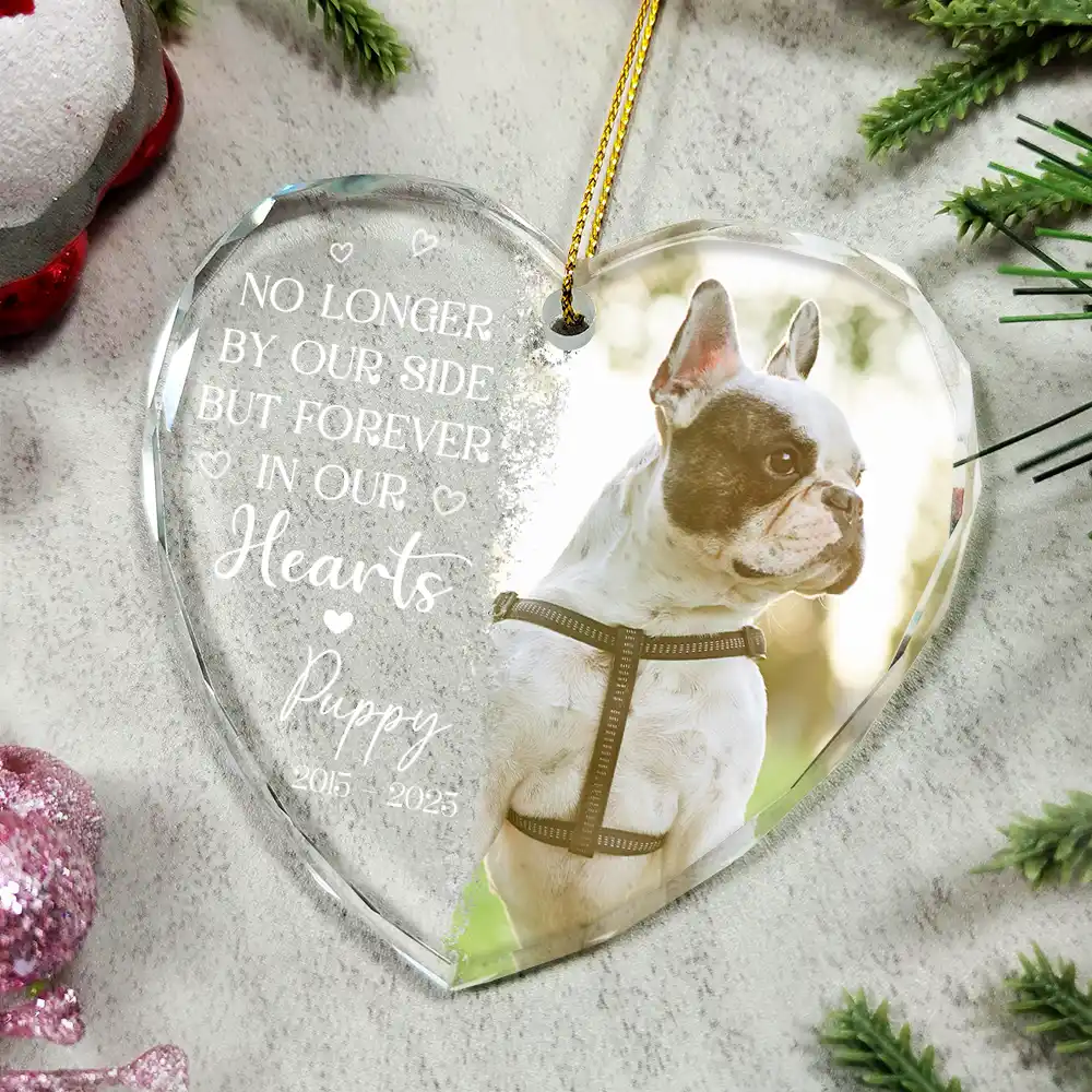 Custom Photo No Longer By My Side Pet Loss - Personalized Heart Shaped Glass Ornament - Image 4