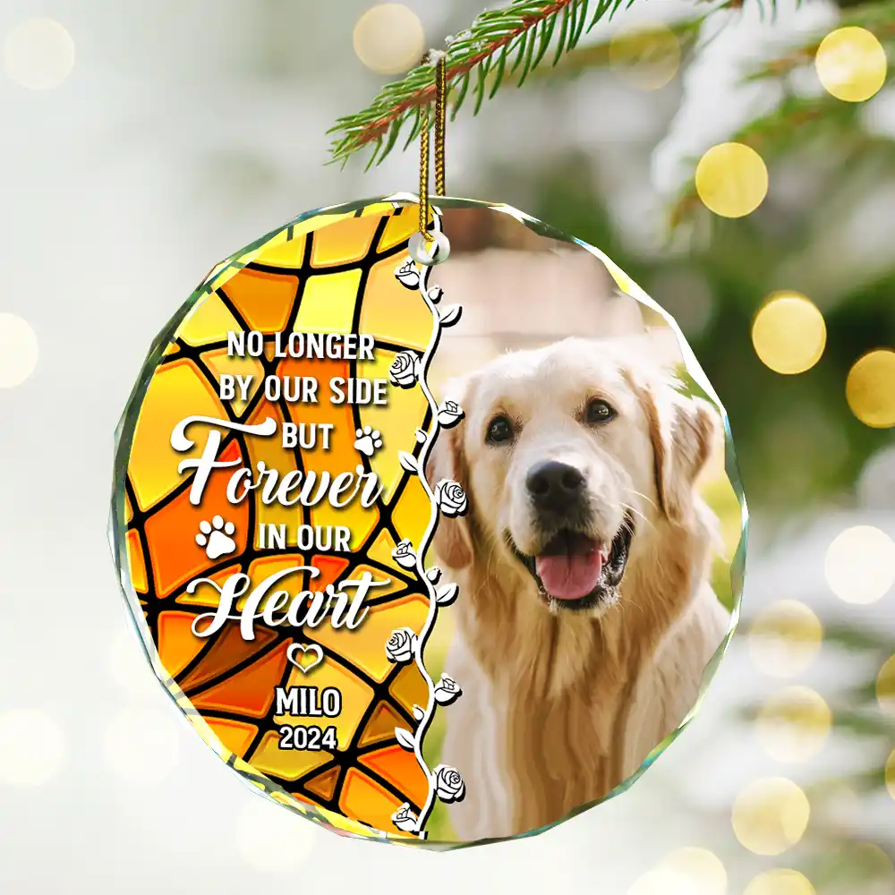 Custom Photo No Longer By Our Side Dog Cat Pet Memorial Heart - Personalized Circle Glass Ornament - Image 2
