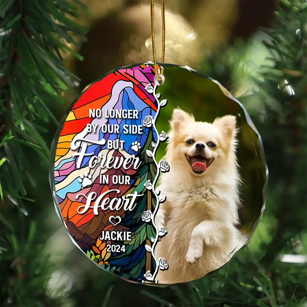 Custom Photo No Longer By Our Side Dog Cat Pet Memorial Heart - Personalized Circle Glass Ornament - Image 3