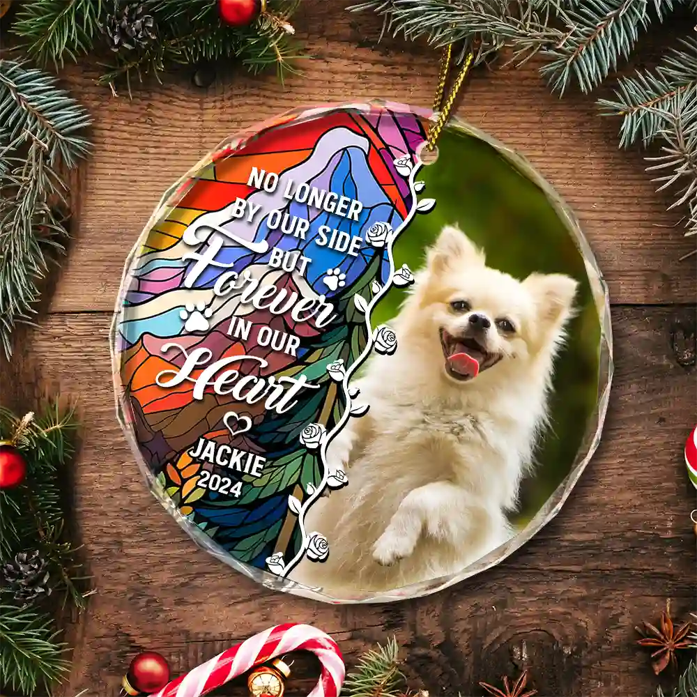 Custom Photo No Longer By Our Side Dog Cat Pet Memorial Heart - Personalized Circle Glass Ornament - Image 5