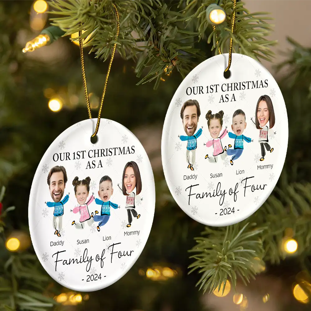 Custom Photo Our First Christmas As A Family Of Three - Personalized Circle Ceramic Ornament - Image 3