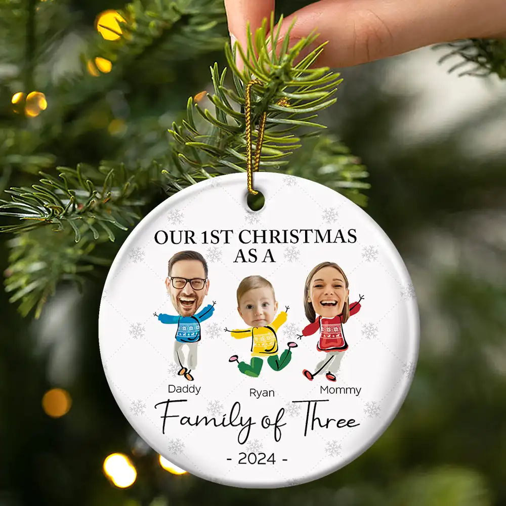 Custom Photo Our First Christmas As A Family Of Three - Personalized Circle Ceramic Ornament - Image 4