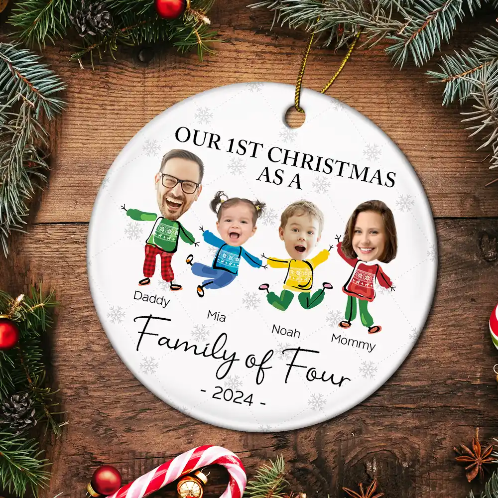 Custom Photo Our First Christmas As A Family Of Three - Personalized Circle Ceramic Ornament - Image 6