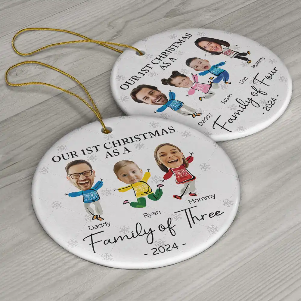 Custom Photo Our First Christmas As A Family Of Three - Personalized Circle Ceramic Ornament - Image 7