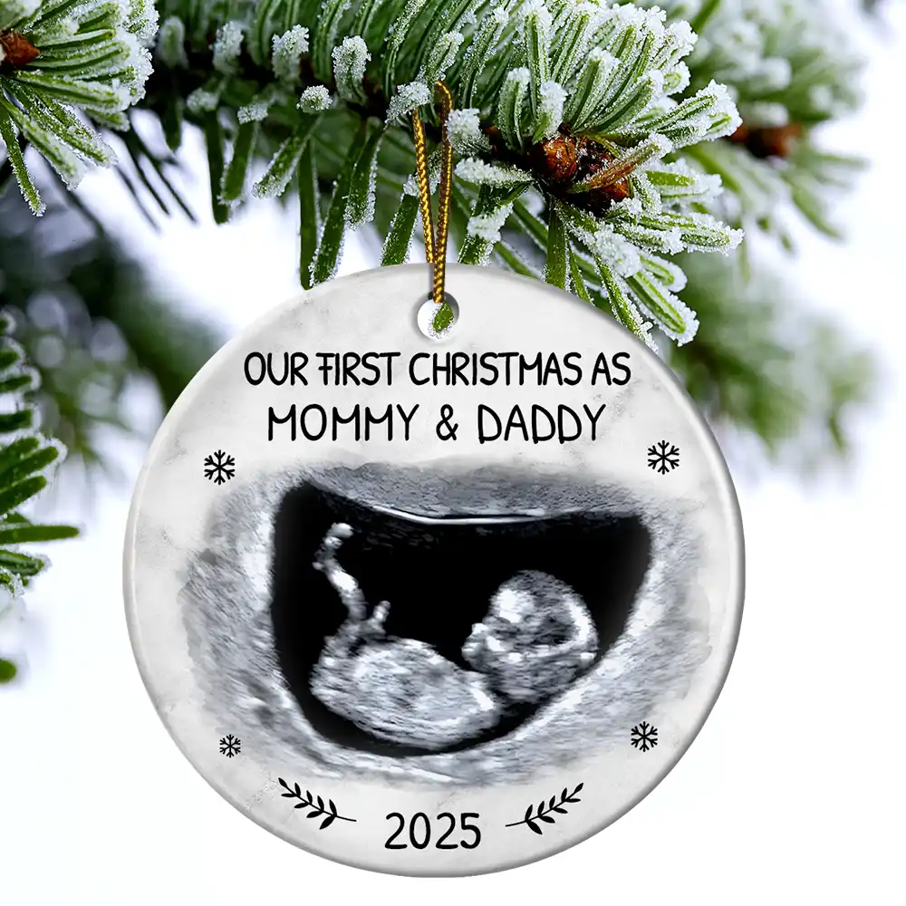 Custom Photo Our First Christmas As Mommy And Daddy Expecting Parents - Personalized Circle Ceramic Ornament - Image 4