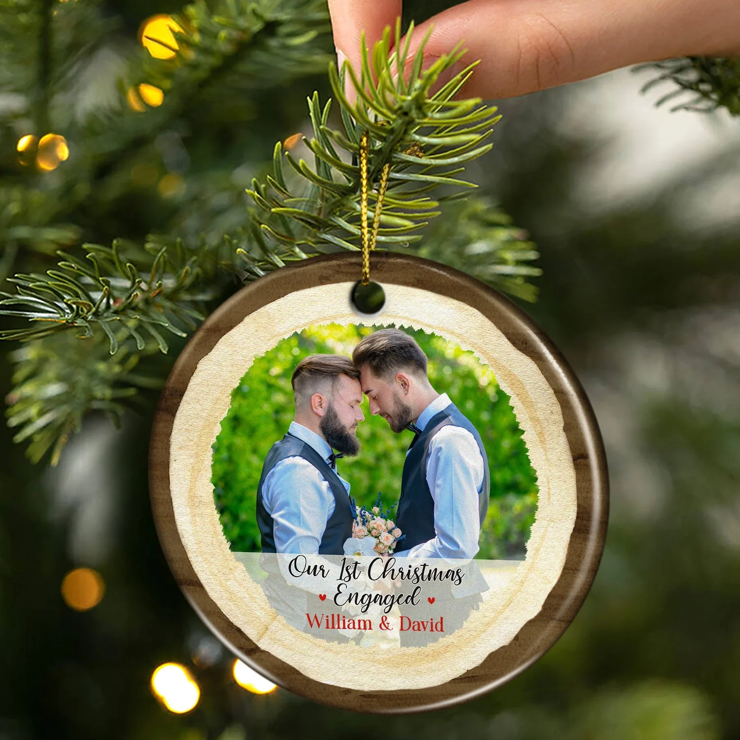 Custom Photo Our First Christmas As Mr & Mrs - Christmas Gift For Wedding Married Couples - Personalized Custom Circle Ceramic Ornament - Image 2
