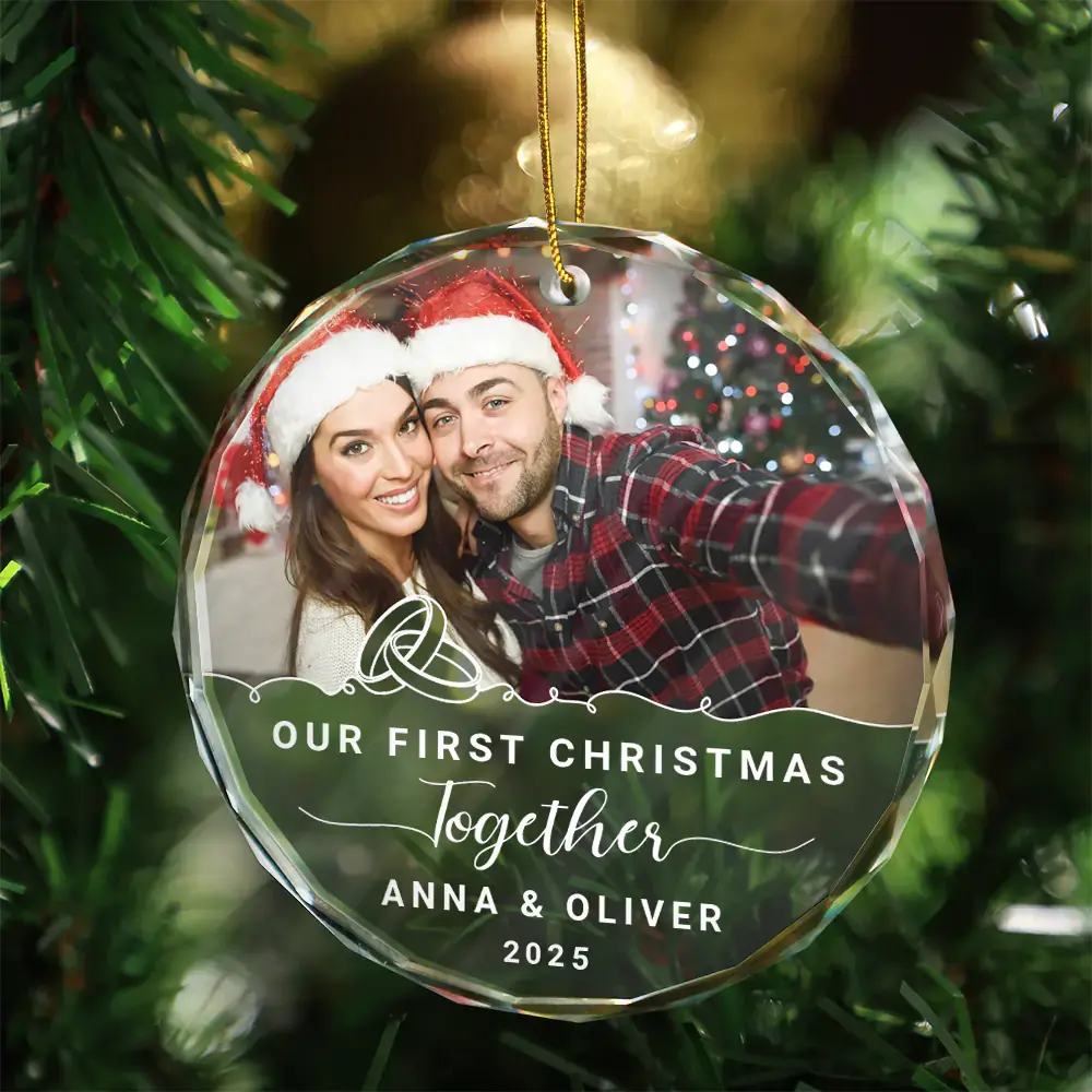 Custom Photo Our First Christmas Engaged - Personalized Circle Glass Ornament - Image 3
