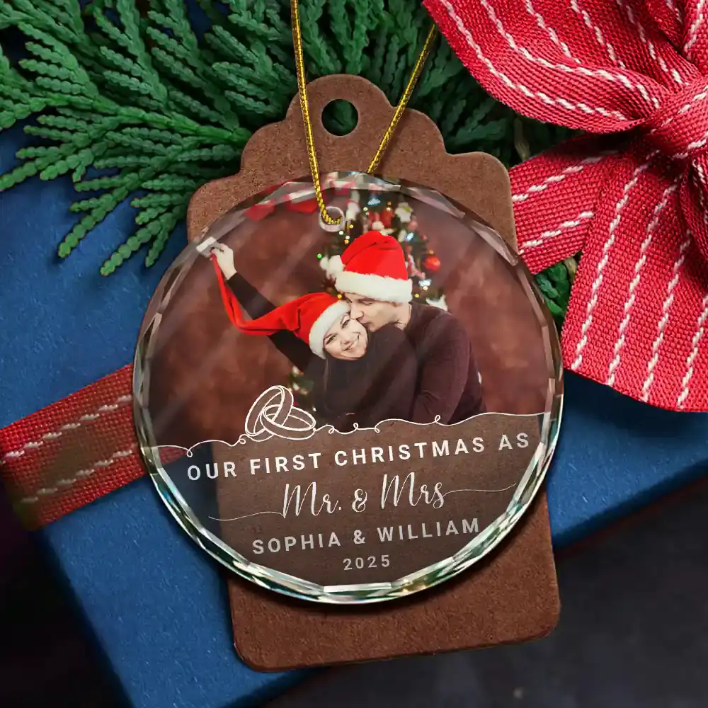 Custom Photo Our First Christmas Engaged - Personalized Circle Glass Ornament - Image 5