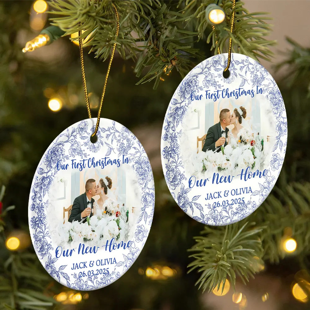 Custom Photo Our First Christmas Married - Personalized Circle Ceramic Ornament - Image 2