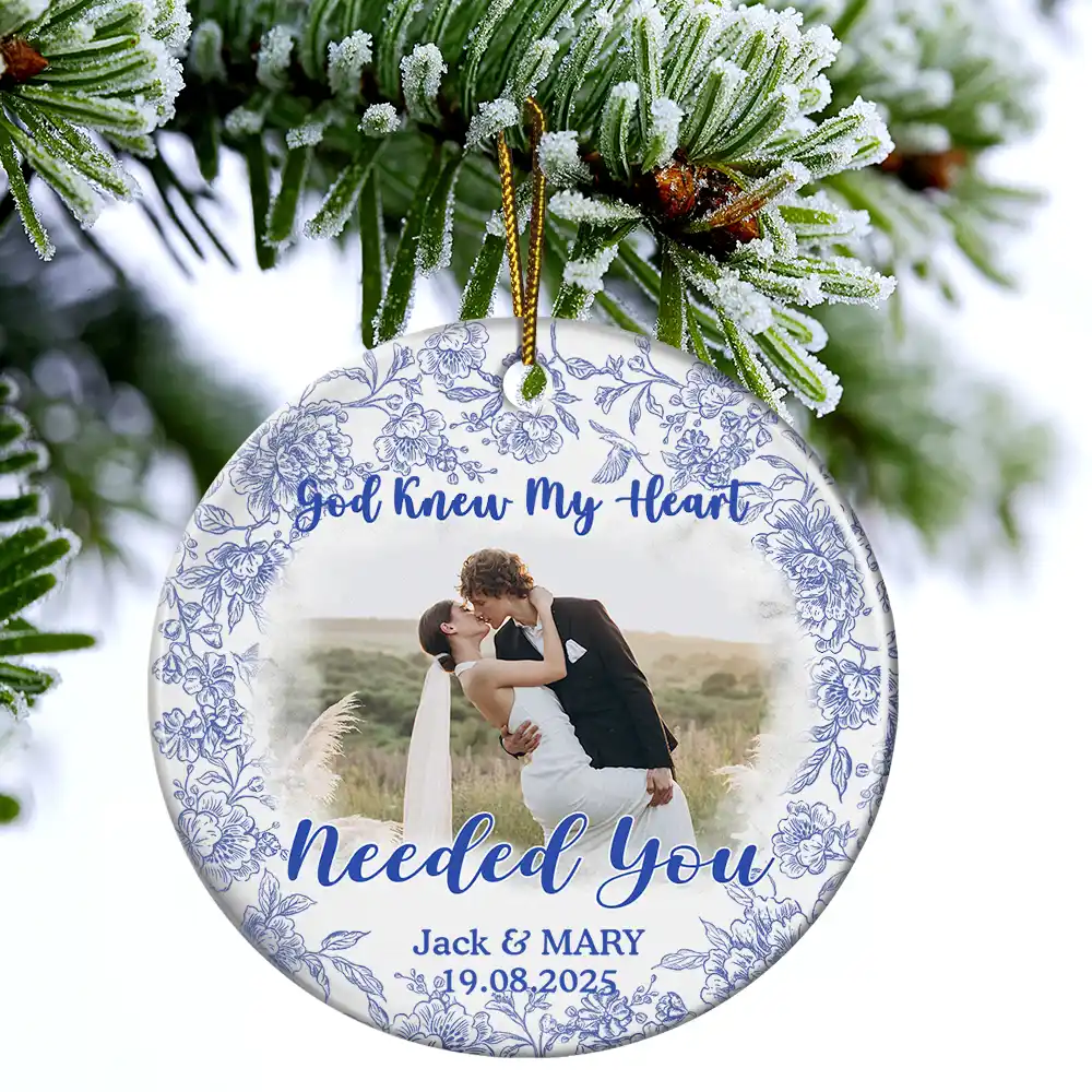 Custom Photo Our First Christmas Married - Personalized Circle Ceramic Ornament - Image 4