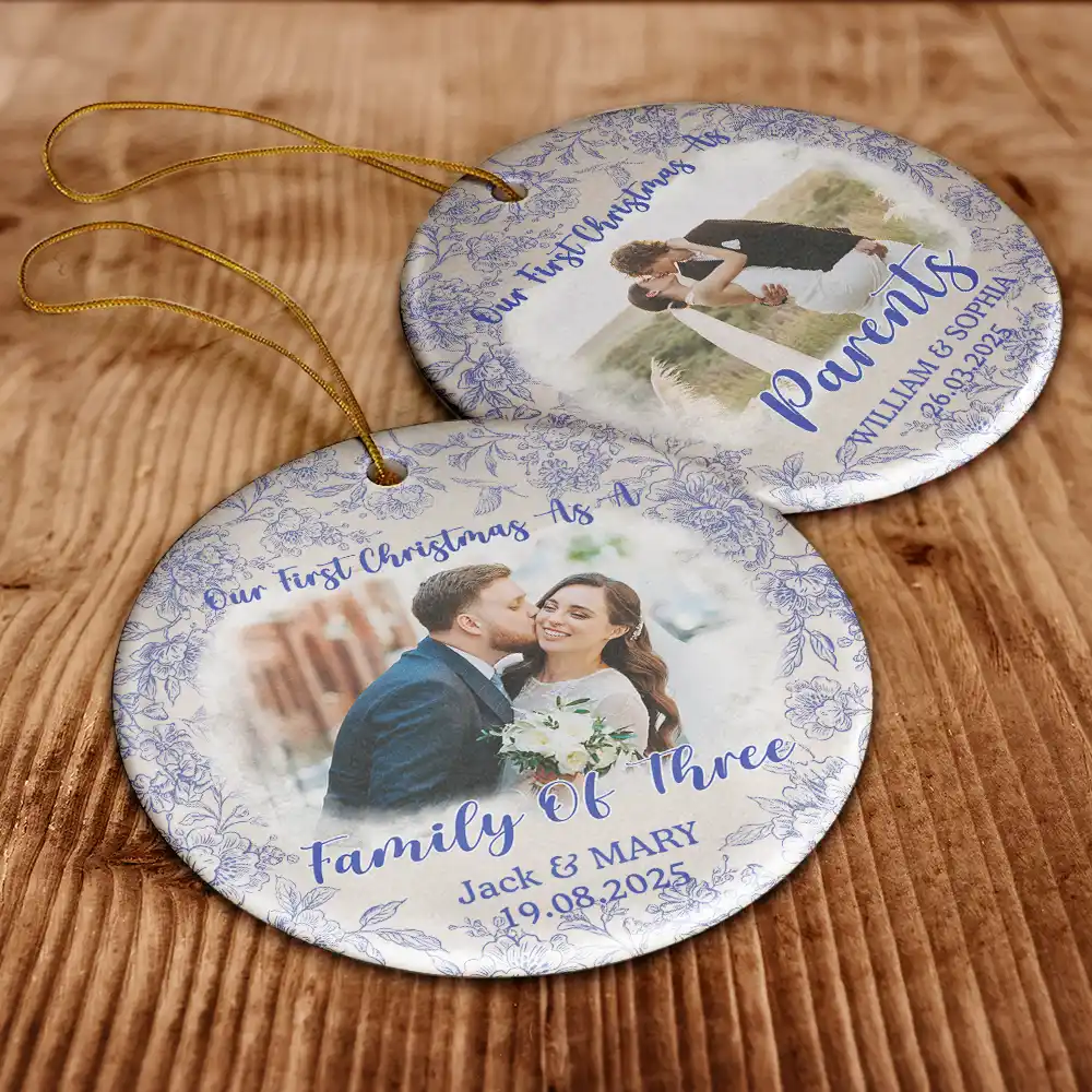 Custom Photo Our First Christmas Married - Personalized Circle Ceramic Ornament - Image 6