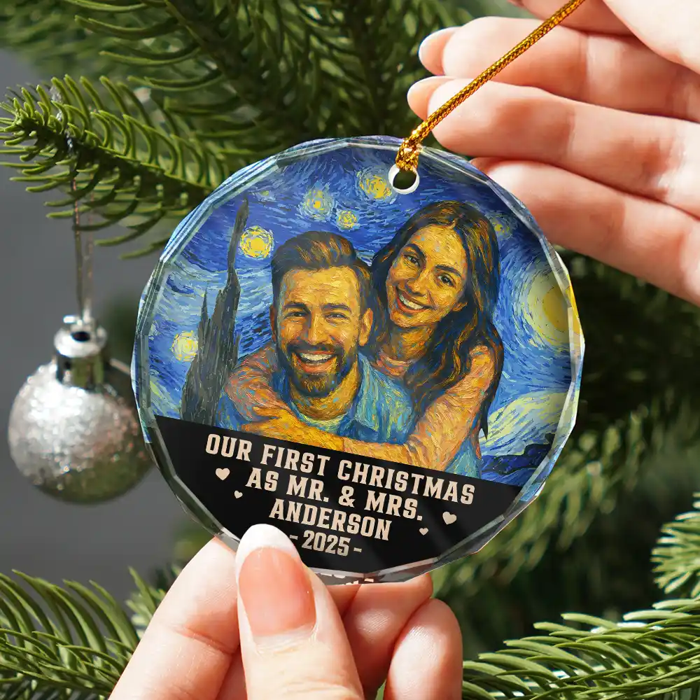 Custom Photo Our First Christmas Married - Personalized Circle Glass Ornament - Image 3