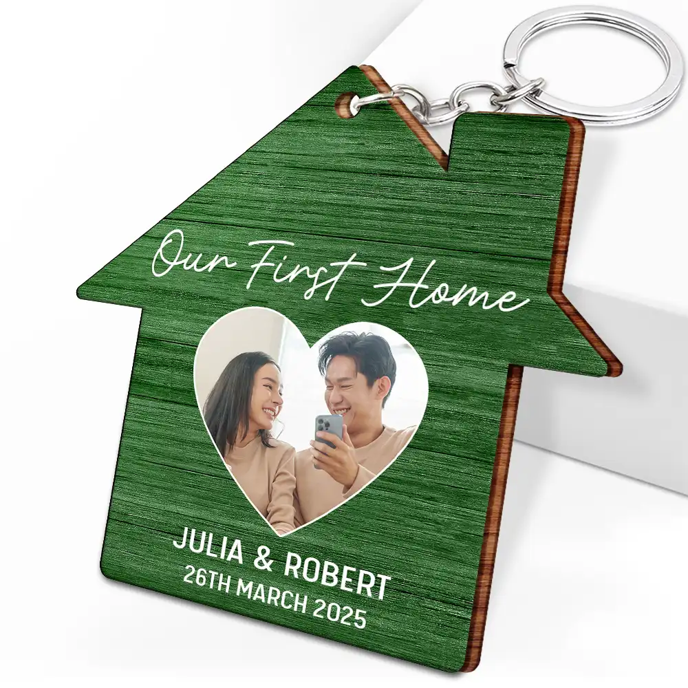 Custom Photo Our First Home Married Couple - Personalized Wooden Keychain - Image 2