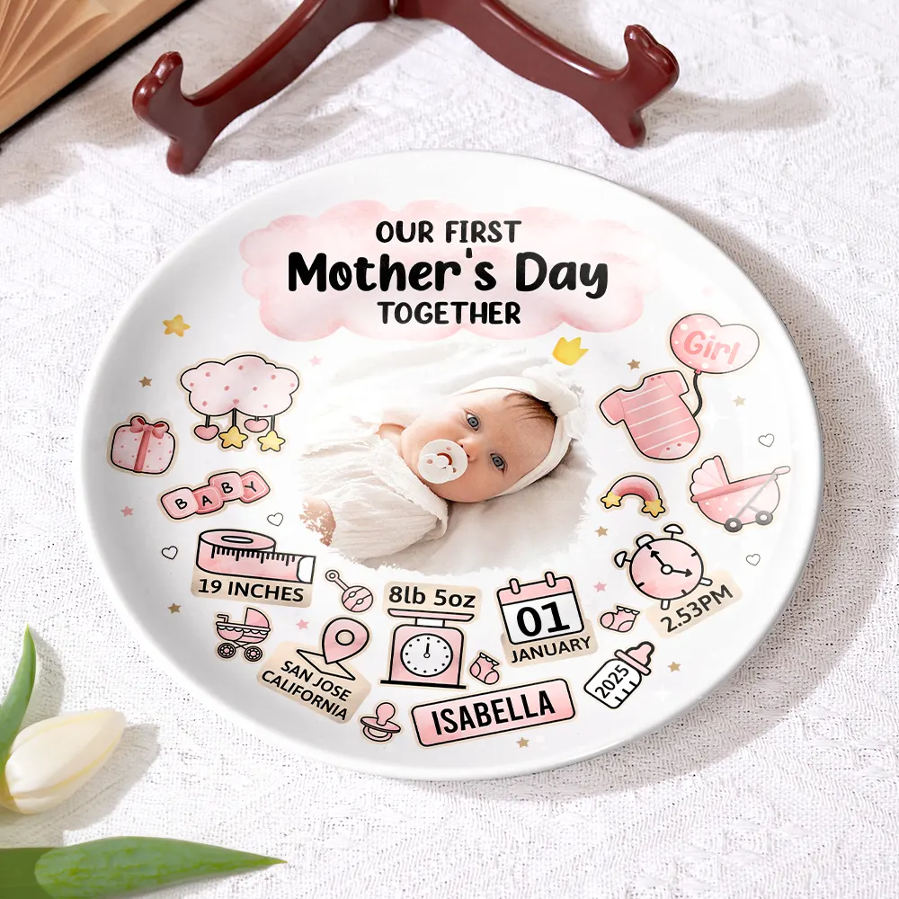 Custom Photo Our First Mother's Day Information Icon - Personalized Ceramic Plate - Image 5