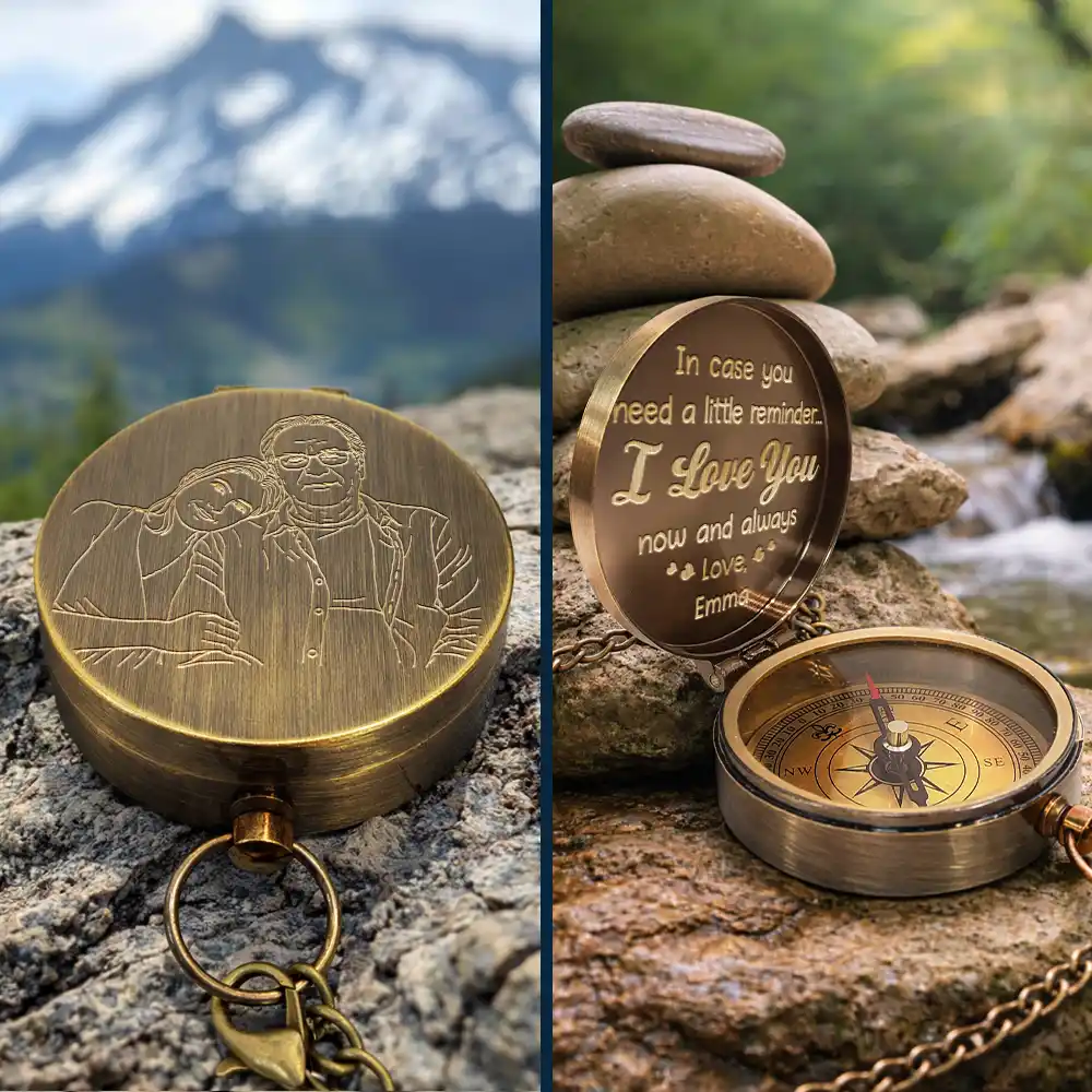 Custom Photo Outline Sketch In Case You Need A Little Reminder - Personalized Engraved Brass Compass - Image 3