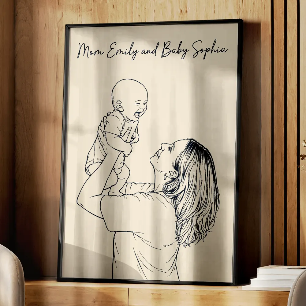 Custom Photo Outline Sketch Mom Baby Family Portrait Line Art - Personalized Poster - Image 4