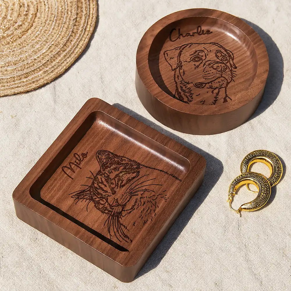 Custom Photo Outline Sketch Pet Face And Name - Personalized Wood Ring Dish - Image 3