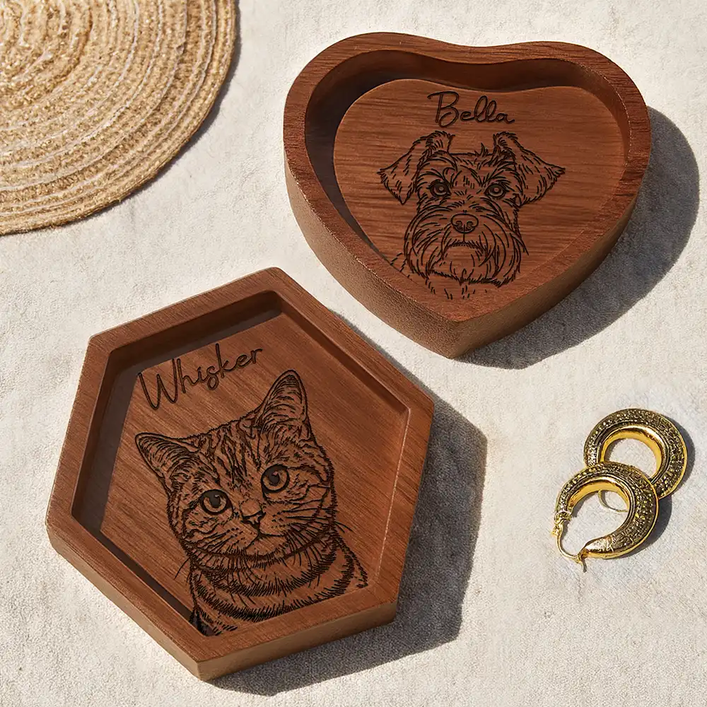 Custom Photo Outline Sketch Pet Face And Name - Personalized Wood Ring Dish - Image 4