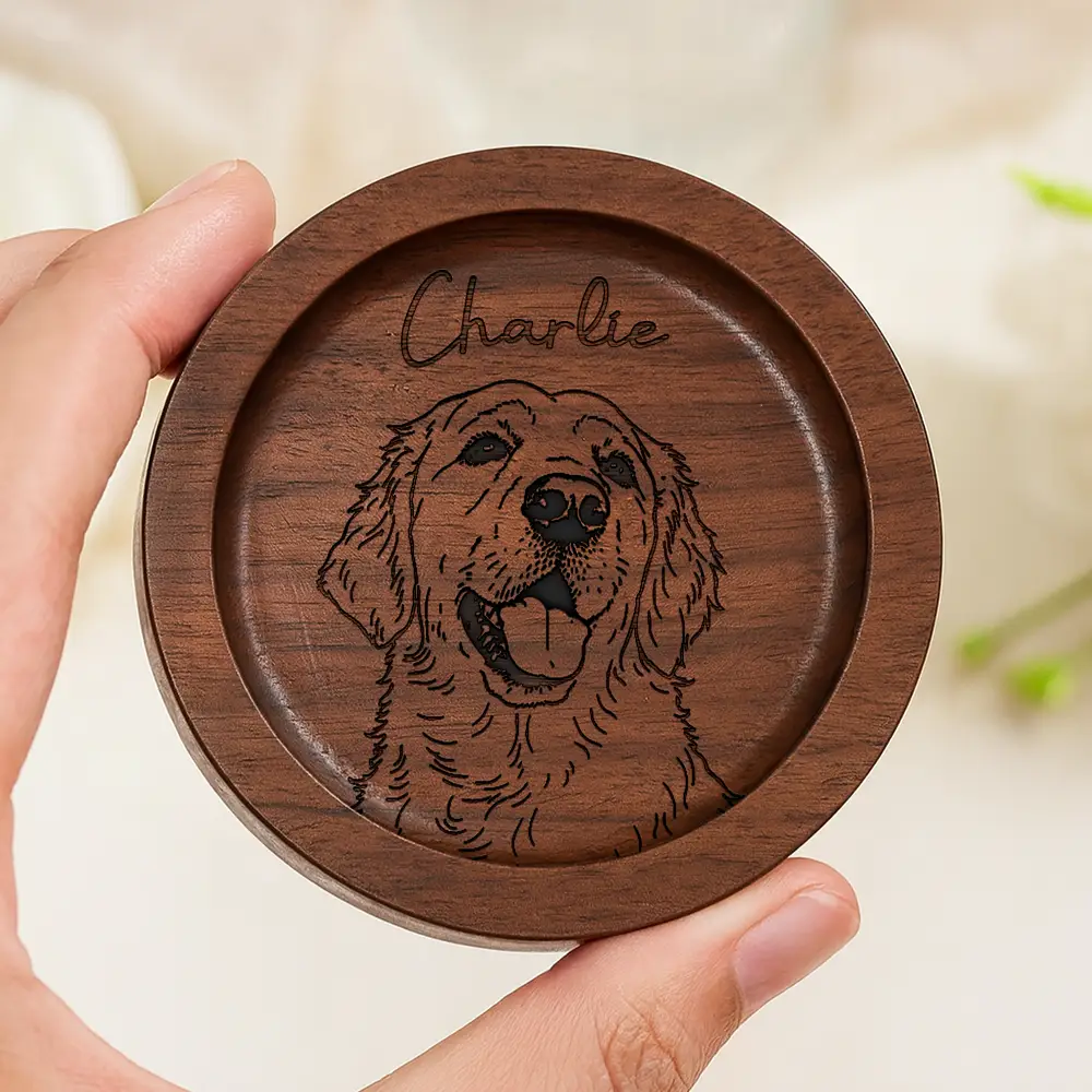 Custom Photo Outline Sketch Pet Face And Name - Personalized Wood Ring Dish - Image 5