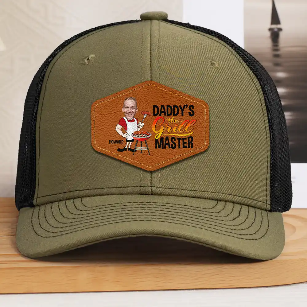 Custom Photo Papa The Grill Master BBQ Dad Grandpa - Personalized Leather Patch Hat - Image 3