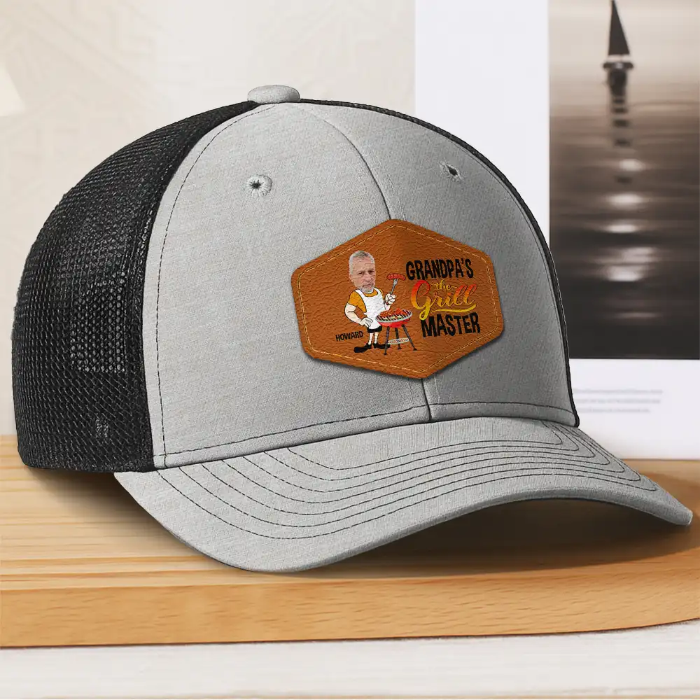 Custom Photo Papa The Grill Master BBQ Dad Grandpa - Personalized Leather Patch Hat - Image 4
