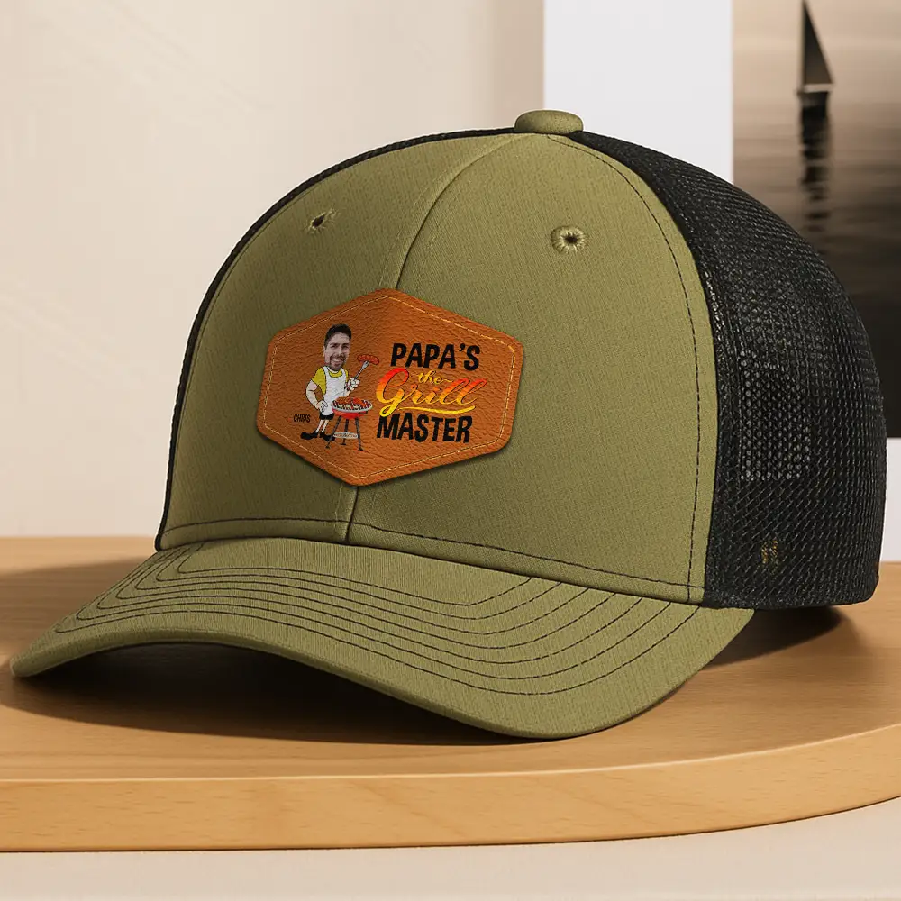 Custom Photo Papa The Grill Master BBQ Dad Grandpa - Personalized Leather Patch Hat - Image 5