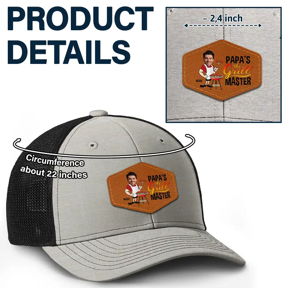 Custom Photo Papa The Grill Master BBQ Dad Grandpa - Personalized Leather Patch Hat - Image 6
