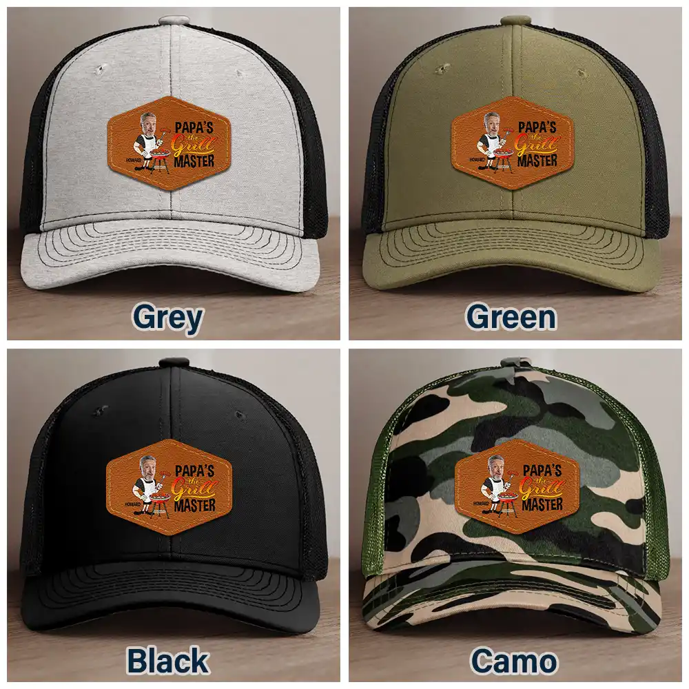 Custom Photo Papa The Grill Master BBQ Dad Grandpa - Personalized Leather Patch Hat - Image 7