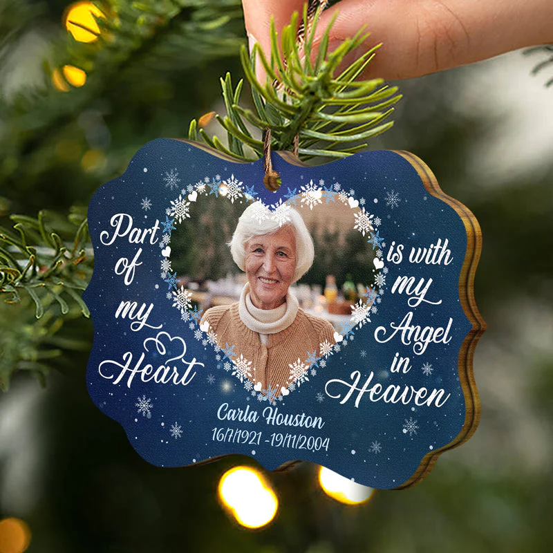Custom Photo Part Of My Heart Is With My Angel In Heaven - Memorial Gift For Family - Personalized Custom Wooden Ornament - Image 2