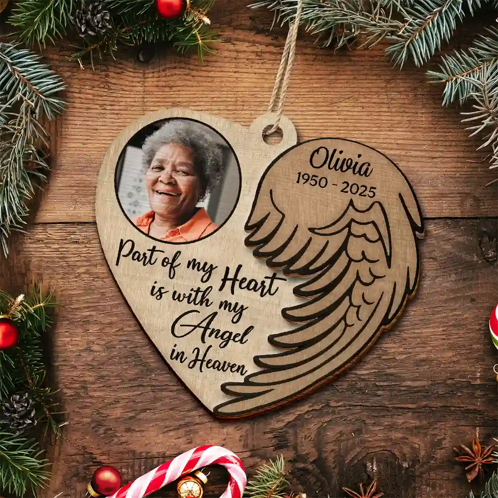 Custom Photo Part Of My Heart Is With My Angel In Heaven - Personalized 2-Layered Wooden Ornament - Image 4