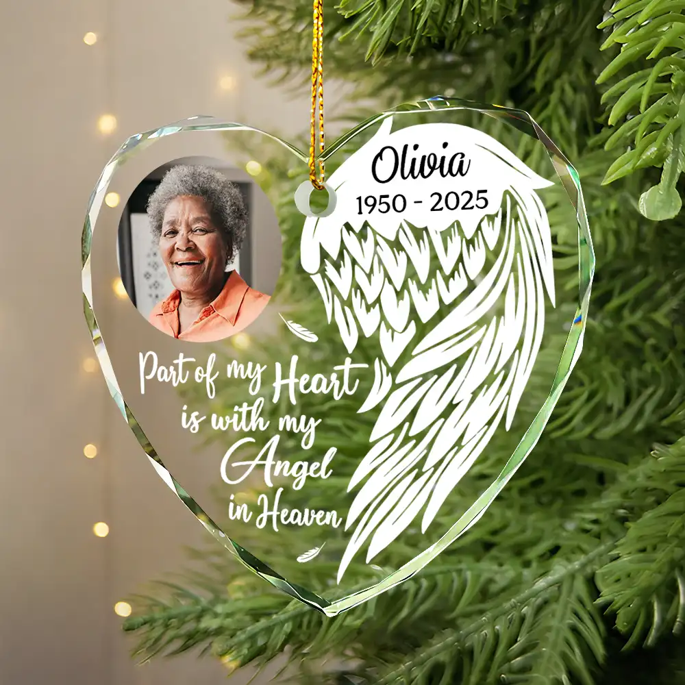 Custom Photo Part Of My Heart Is With My Angel In Heaven - Personalized Heart Shaped Glass Ornament - Image 2