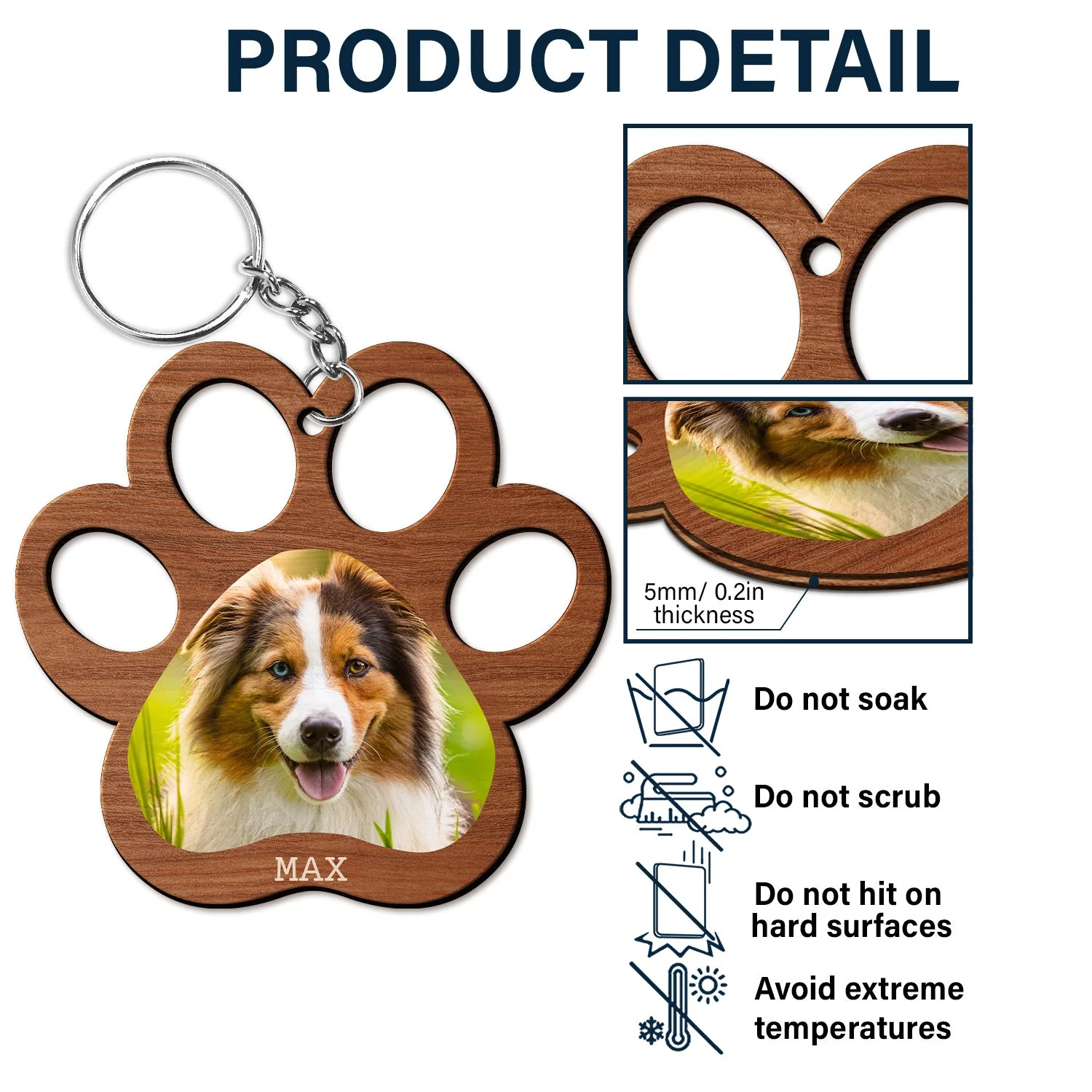 Custom Photo Paw Print - Gift For Cat Lovers, Dog Lovers - Personalized Cutout Wooden Keychain - Image 5