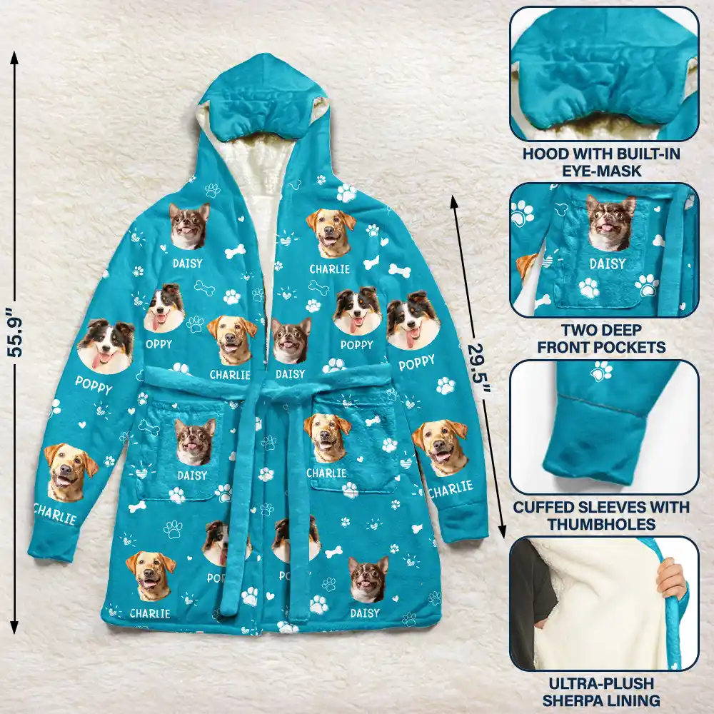 Custom Photo Paw Prints In My Heart Pet Mom Dad Dog Cat Lover - Personalized Hooded Robe - Image 4